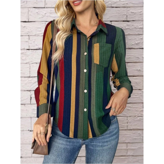 Womens Contrast Color Button Down Collared Shirt Casual Long Sleeve Business Office Work Blouses Tops