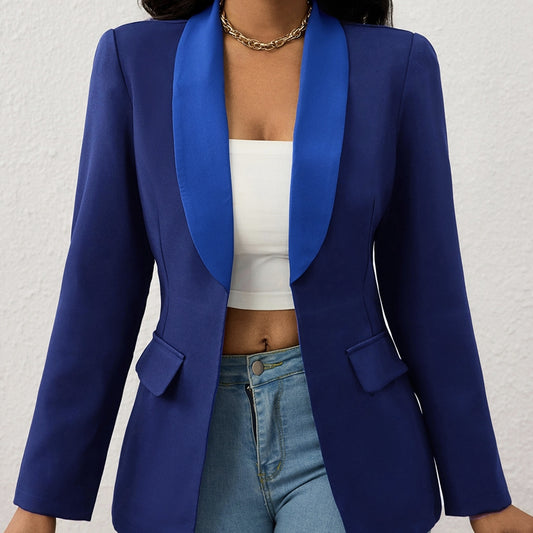 Ladies' Fashionable And Elegant Temperament Versatile Color Block Splicing Lapel Suit Long Sleeved Jacket Top
