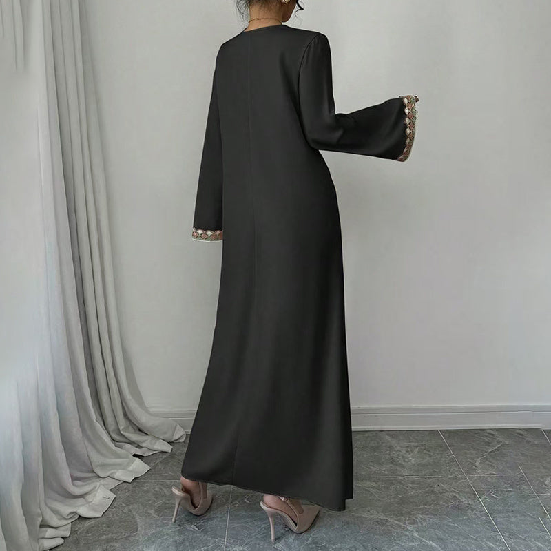 Women's Middle Eastern Embroidered Maxi Dress - Round Neck Long Sleeve Flowy Kaftan With Exquisite Embroidery, Loose Fit