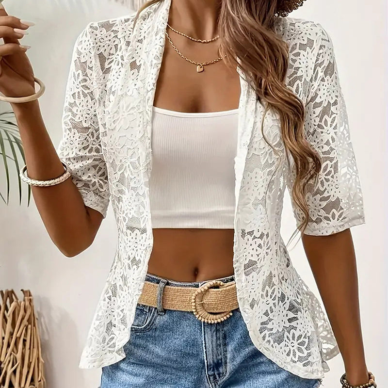 Women's Floral Lace 3 4 Sleeve Bolero Shrugs Sheer Open Front Cardigan Blazer