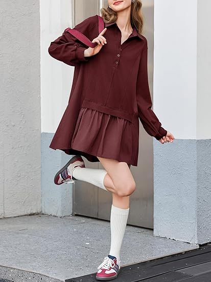 Fisoew Womens Oversized Sweatshirt Dress Long Sleeve V Neck Patchwork Casual Pullover Tops Loose Fit Mini Dresses