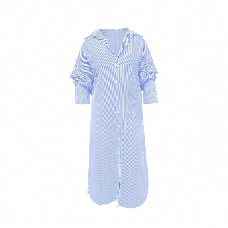 Womens Striped Long Sleeve Dress Casual Loose Button Down Maxi Shirt Dress
