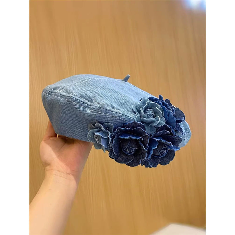 Japanese Minority Contrast Color Three-dimensional Flowers Denim Beret