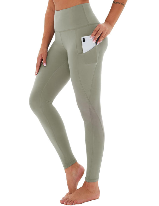 Yoga Pants - Cropped High-waisted Slanted Pockets Polyester Double Grind Gray Green