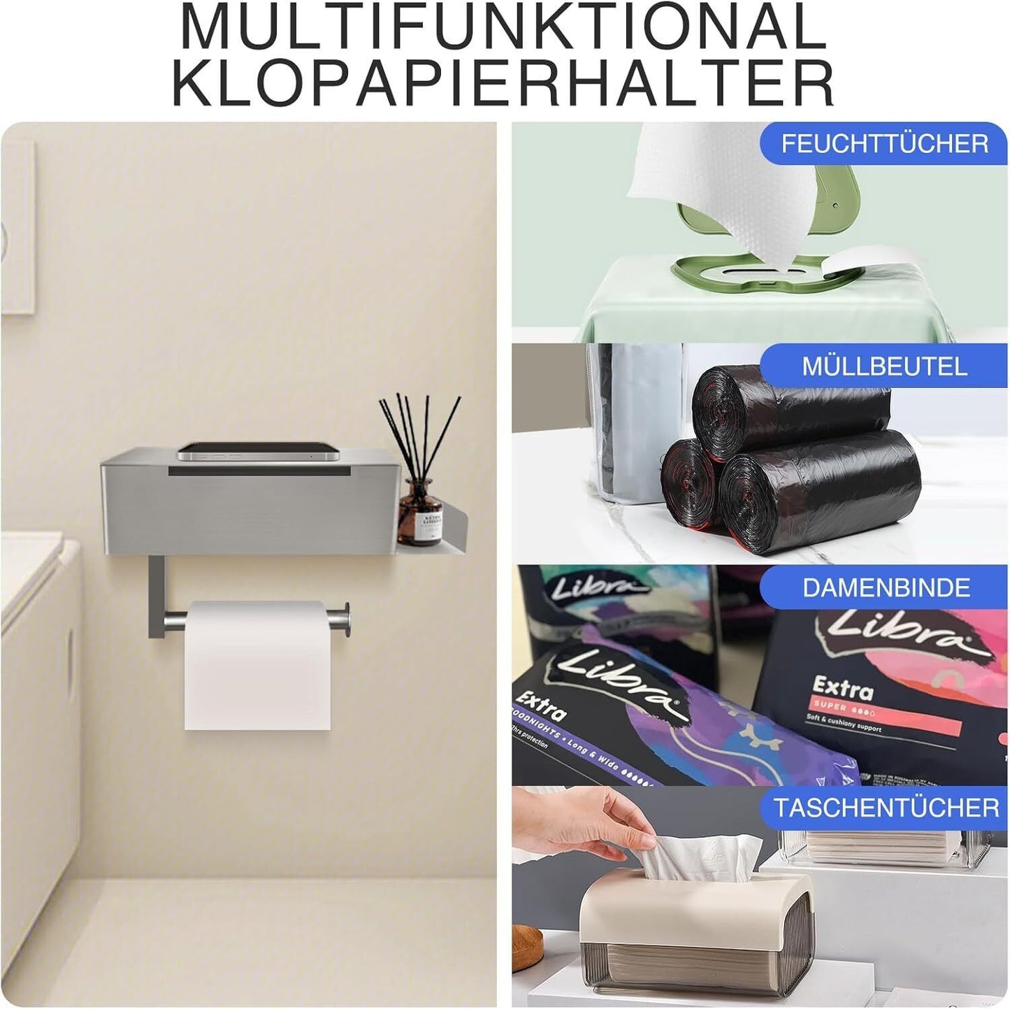 Edelstahl Toilettenpapierhalter Ohne Bohren WC Klopapierhalter Mit Ablage-Box