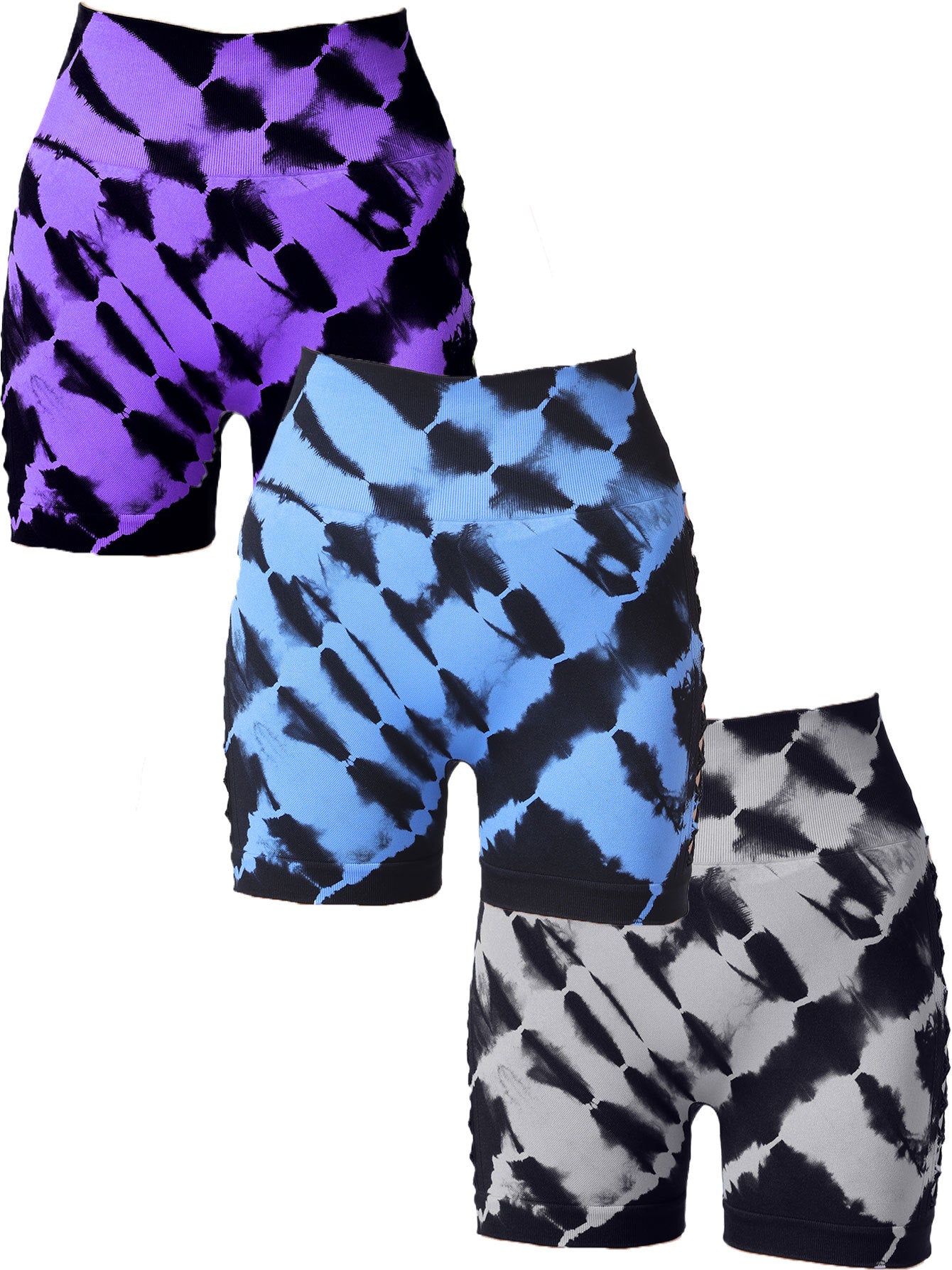 3 Pack Women's Side Cut-Out Tie-Dye Seamless Hip Lift High Waist Sports Fitness Yoga Shorts