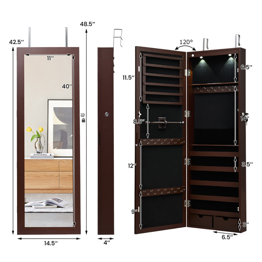 Lockable Wall Mount Mirrored Jewelry Cabinet With LED Lights