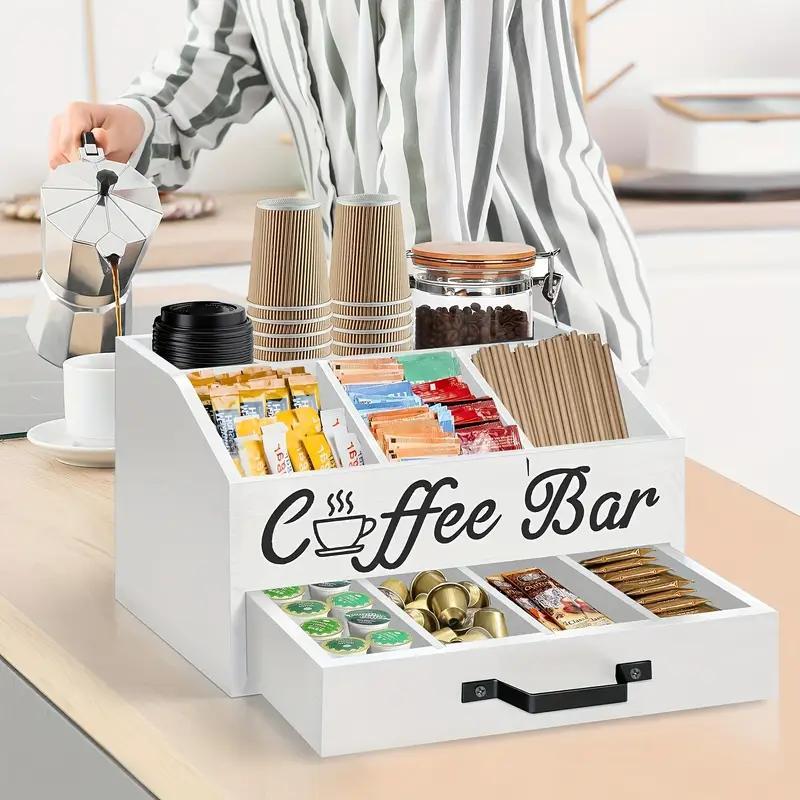 1 Piece Classic Wooden Coffee Bar Storage Box Multi-compartment Coffee Accessories Condiments Coffee Capsule Storage Shelf Basket