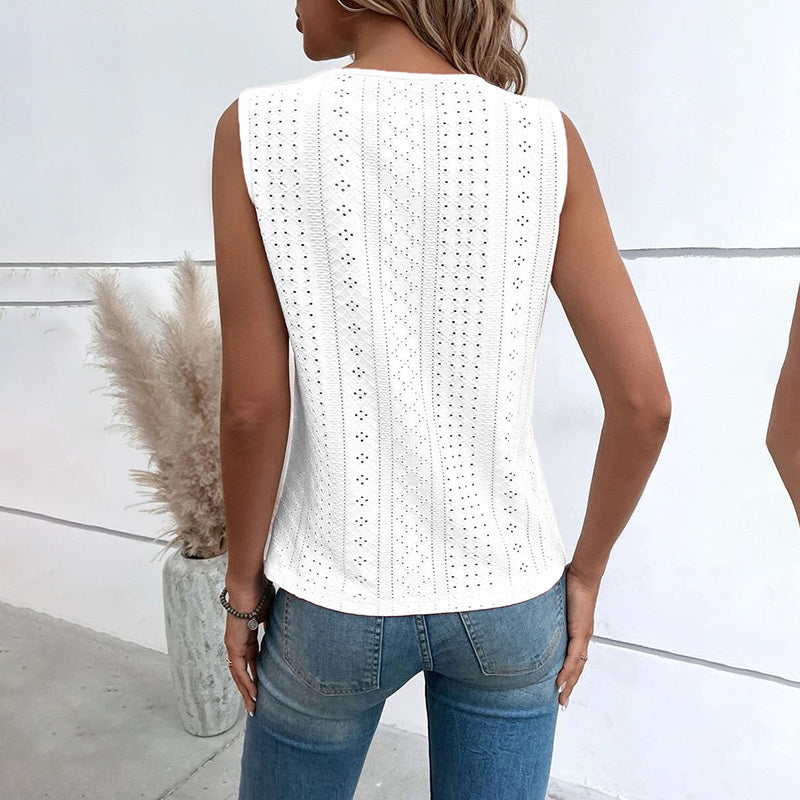 Women's Floral Lace Trim V Neck Tank Top Casual Hollow Out Sleeveless Eyelet T Shirt