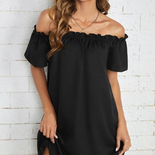 Ladies' Fashion Off Shoulder Ruffle Solid Color Decorative One Shoulder Casual Dress