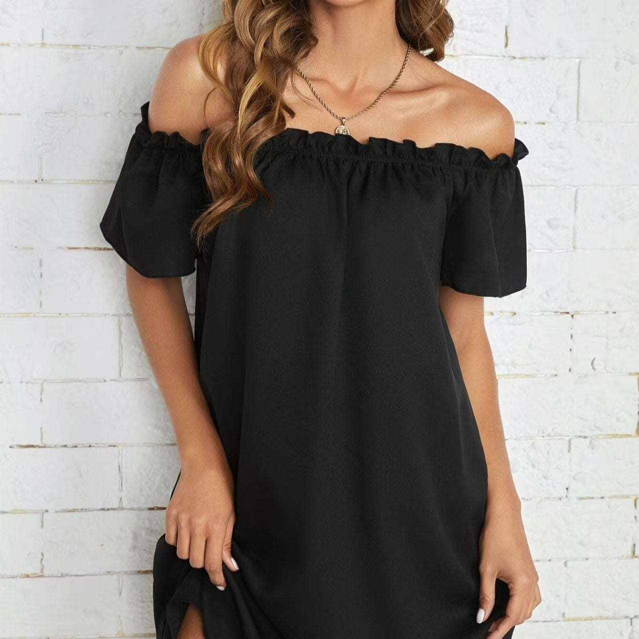 Ladies' Fashion Off Shoulder Ruffle Solid Color Decorative One Shoulder Casual Dress