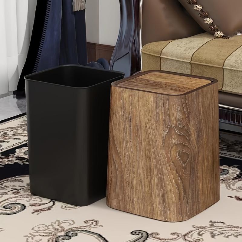 Oversized Retro Wood Grain Trash Can With Odor-proof Seal And Rectangular Flap Suitable For Living Room, Kitchen, Bathroom And Hotel Use