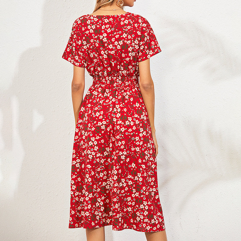 Women's V-Neck Floral Print Dress - A-Line Waisted Summer Maxi Dress