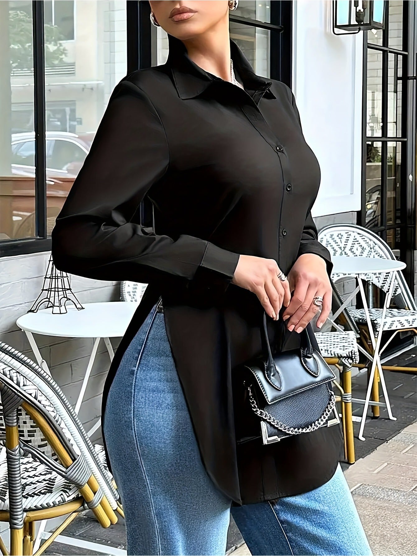 Women's Plus Size Long-Sleeve V-Neck Maxi Button-Down Shirt - Casual Side-Slit Blouse