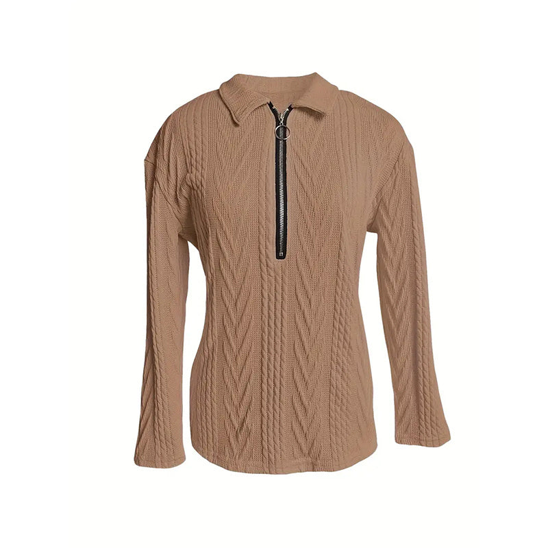 Women's Solid Color Textured Zip-Up Collared Long Sleeve Top - Casual Fall&Spring Blouse With Stretchy Comfort Fit