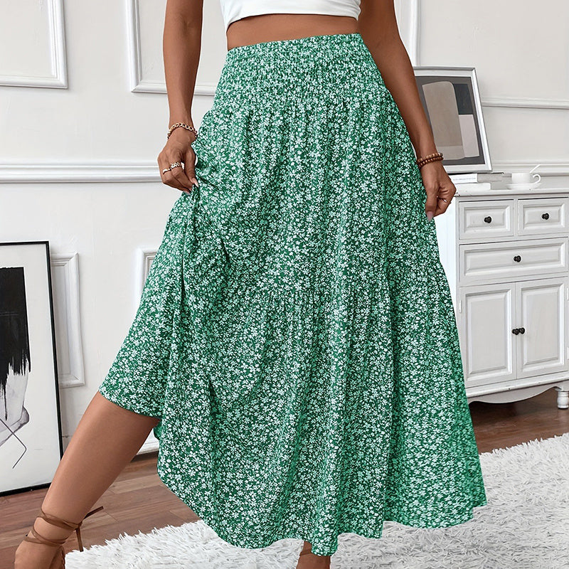 Women's Boho Floral Maxi Skirt - High Elastic Waist, Pleated A-Line Long Skirt