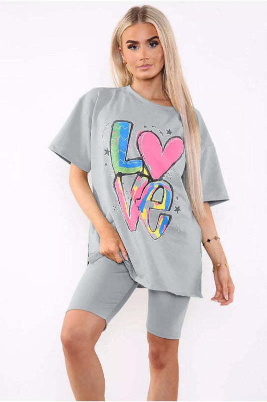 Love Side Slit Cycling Short And T-Shirts Co-Ord Two Piece Set With Front Love Slogan