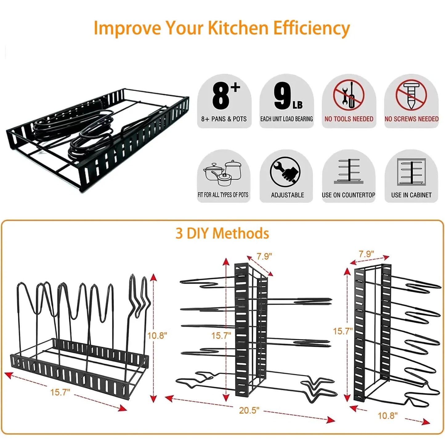 Pot Organizer Rack 8 Tiers Pots And Pans Organizer, Pot Lid Organizer For Kitchen Cabinet Cookware Organizers And Storage,Upgraded