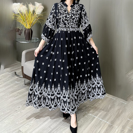 Women's Bohemian Embroidery V-neck Dress, Elegant 3 4 Sleeve A-line Swing Maxi Dress