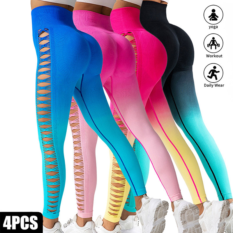 4 Pack Cut Out Ombre Gradient Color Hollow High-waist Butt-lifting Fitness Women's Yoga Pants, Women's High Waist Yoga Pants Cutout Ripped Super Soft And Comfortable Skinny Leggings