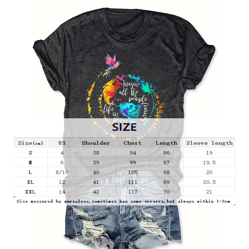 Women's Round Neck Short Sleeve Colorful Birds Around Earth Print T-Shirt Casual Summer Top