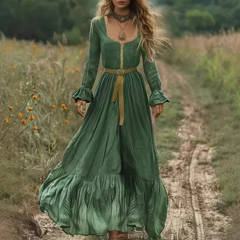 Women's Boho Long Sleeve Flowy Maxi Dress Elegant High Waist Backless Beach Long Dress