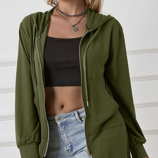 Women's Military Green Casual Sports Hooded Sweatshirt With Drawstring Zipper Jacket, Lightweight Top
