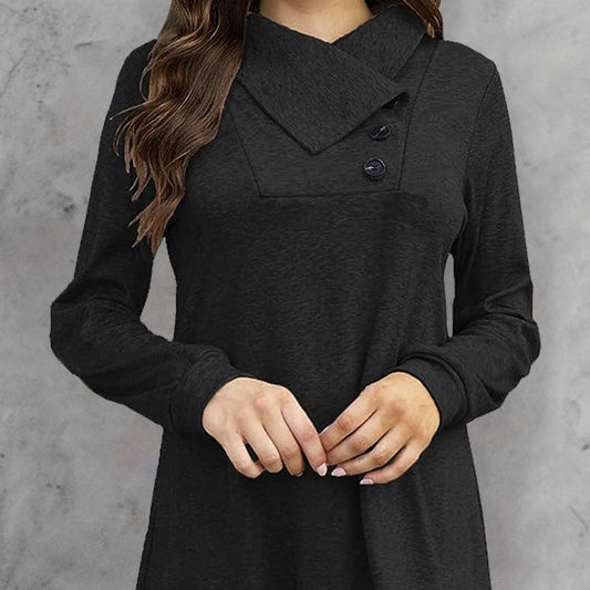 Women's Fashionable Long Sleeved Hood Collar Button Waist Top T-shirt
