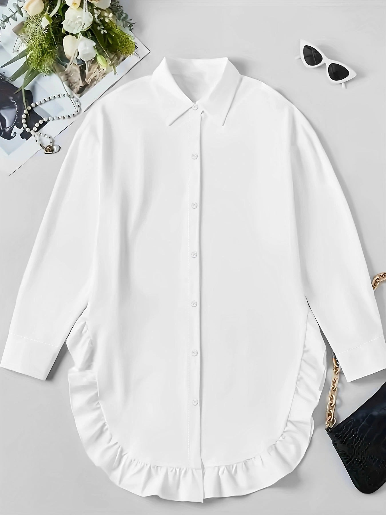 Women's Plus Size Casual Shirt With Ruffle Hem, Solid Color, Woven Polyester, Non-Stretch, Pointed Collar, Button Front, For All Seasons