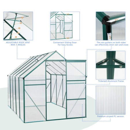 6X10FT Polycarbonate Greenhouse Raised Base And Anchor Aluminum Heavy Duty Walk-in Greenhouses For Outdoor Backyard In All Season
