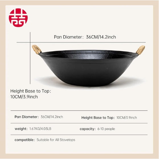 WANGYUANJI 14.2 Handmade Wok, Cast Iron Wok Pan, Large Flat Bottom Wok Stir With Dual Handle And Wooden Lid, Suitable For All Cooktops, Uncoated Chinese Traditional Wok, Ban Sale On Amazon