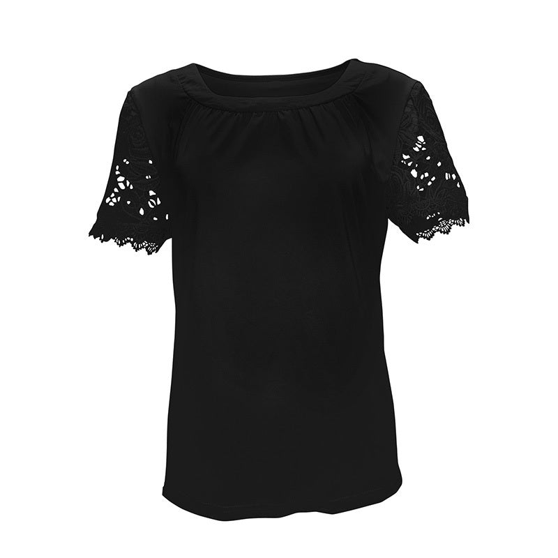 Womens Lace Short Sleeve Crew Neck T Shirts Summer Casual Tops Loose Fit Tees Blouses