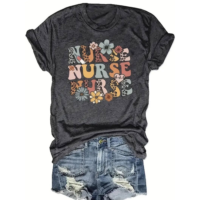 Women's Round Neck Short Sleeve T-Shirt With Letter & Floral Print, Casual Summer Top