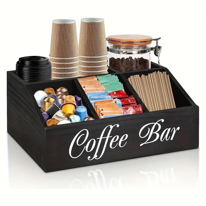 1 Piece Classic Wooden Coffee Bar Storage Box Multi-compartment Coffee Accessories Condiments Coffee Capsule Storage Shelf Basket