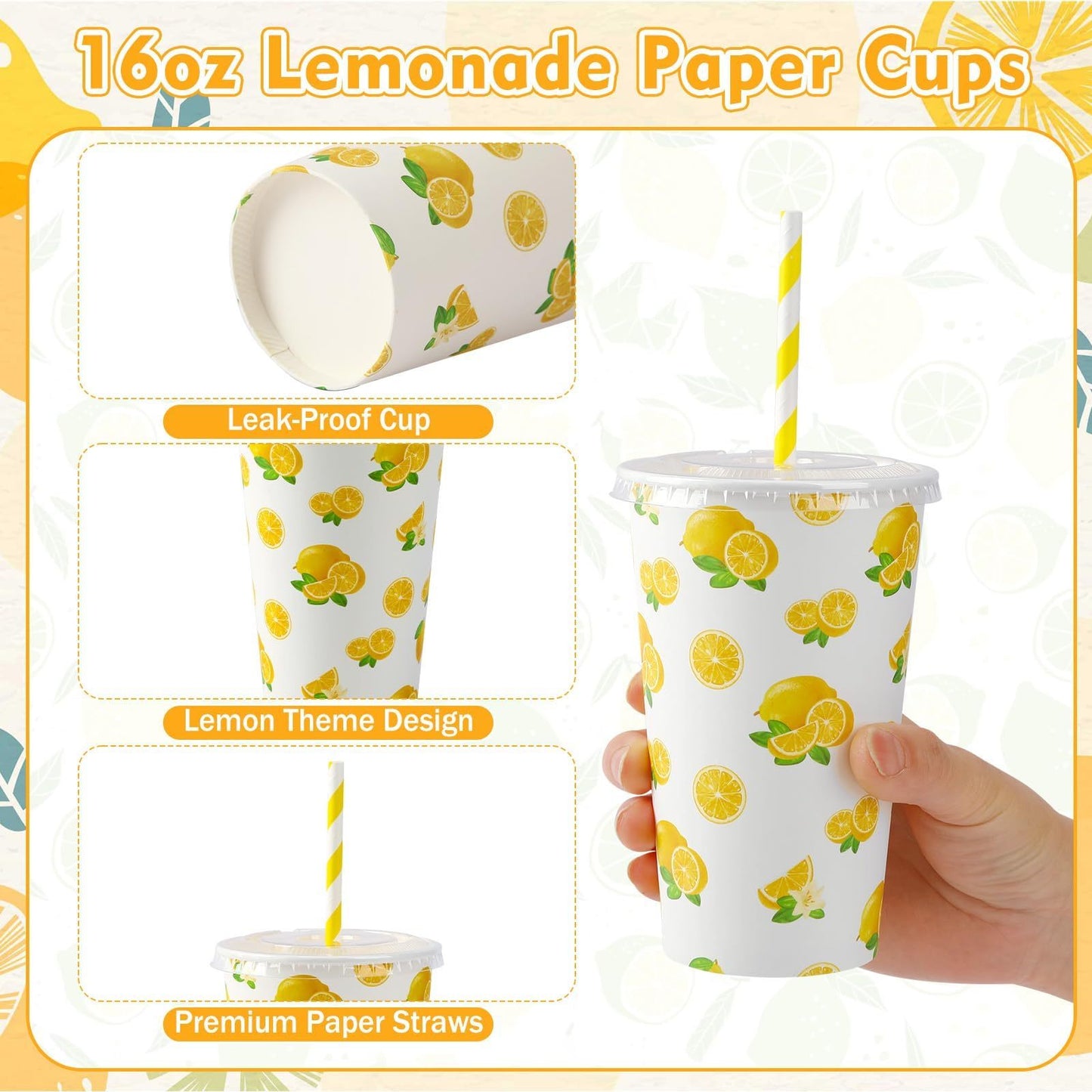 180pcs Lemonade Paper Cups With Lids And Straws 16oz Disposable Cups For Lemon Stand Supplies Summer Party Hot Cold Beverage,Amazon Is Banned,654-10328-G13