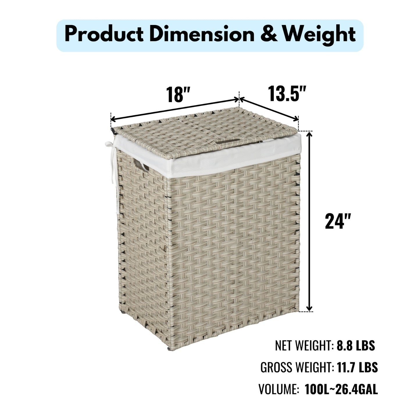Laundry Hamper With Lid PE Rattan Powder Coating Frame Clothes Hampers With 02 Removable Bags,