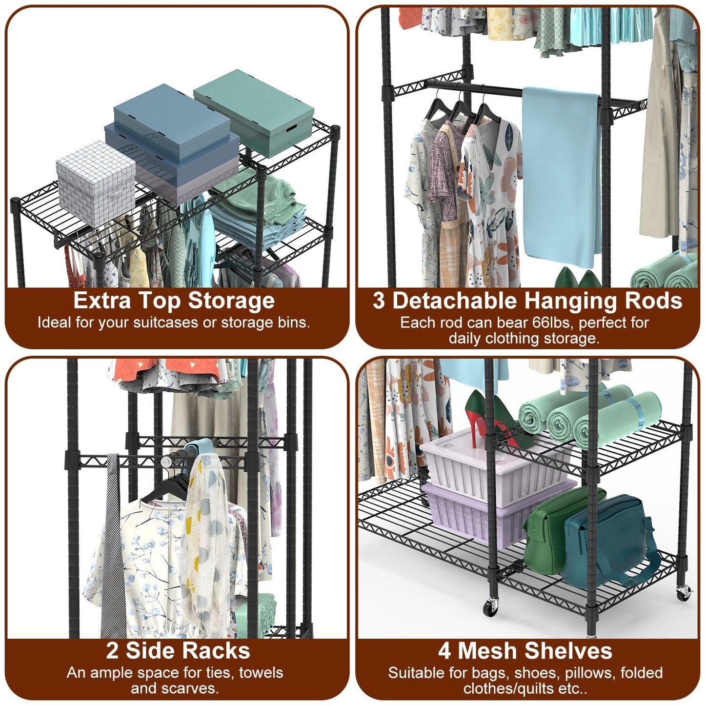 1Pc 4 Tier Heavy Duty Garment Rack With Wheels Carbon Steel Clothing Rack Portable Wardrobe Clothes Rack With 3 Hanging Rods 6 Footrests 44.9x17.13x77.95in