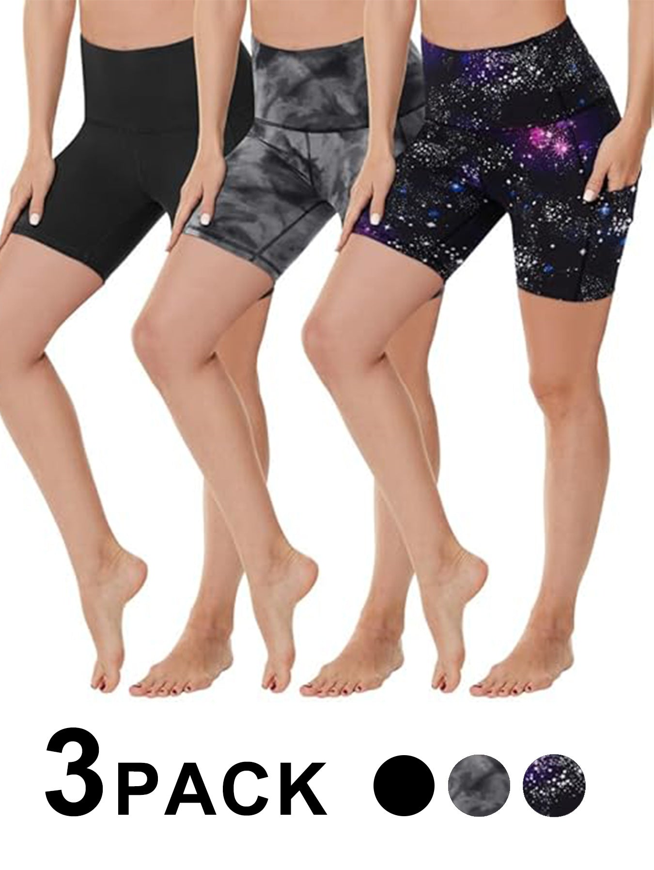 Yoga Pants - Three Points High Waist, 3 Pairs Of Black, Black Tie-dye, Blue Purple Starry Sky
