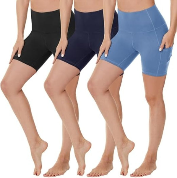 Yoga Pants - Three Points High Waist, 3 Pairs Of Black, Zhangqing, Light Blue