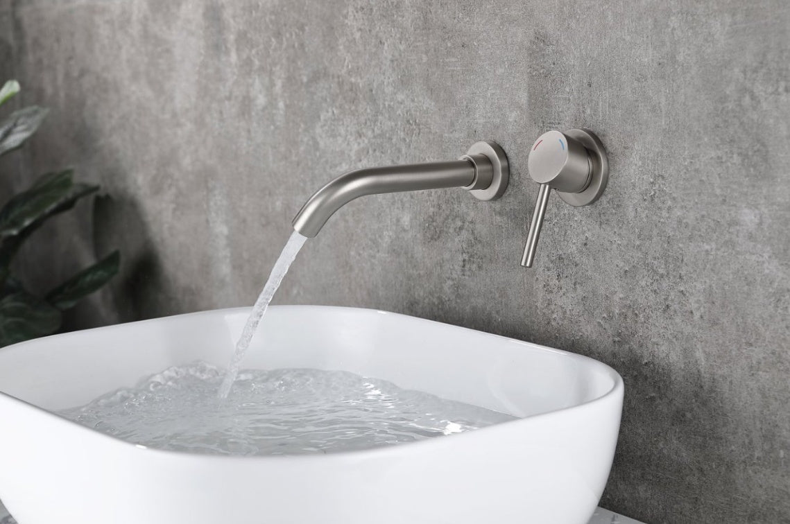 Wall Mount Faucet For Bathroom Sink Or Bathtub, Single Handle 2 Holes Brass Rough-in Valve Included, Brushed Nickel
