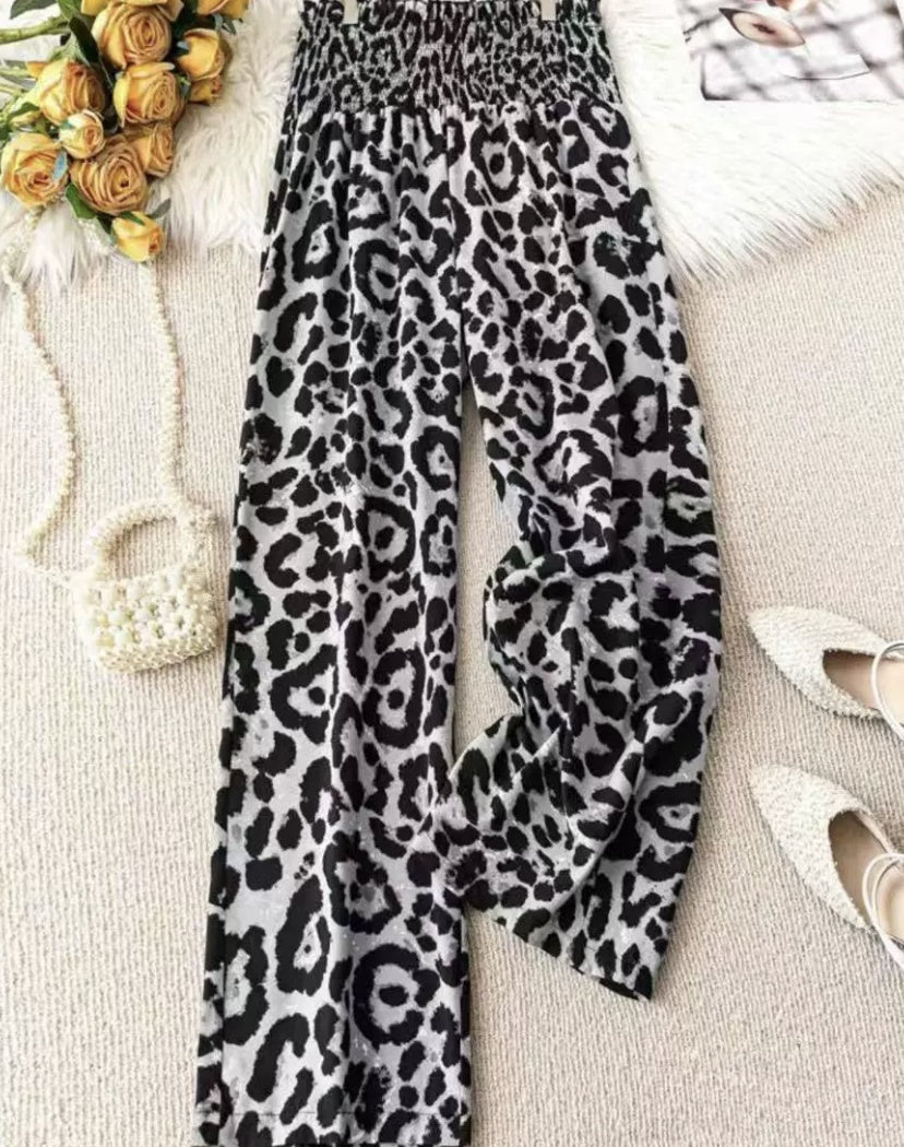 Women's Plus Size Leopard Print Wide-Leg Pants - Summer Casual Vacation Style Elastic Waist Long Trousers