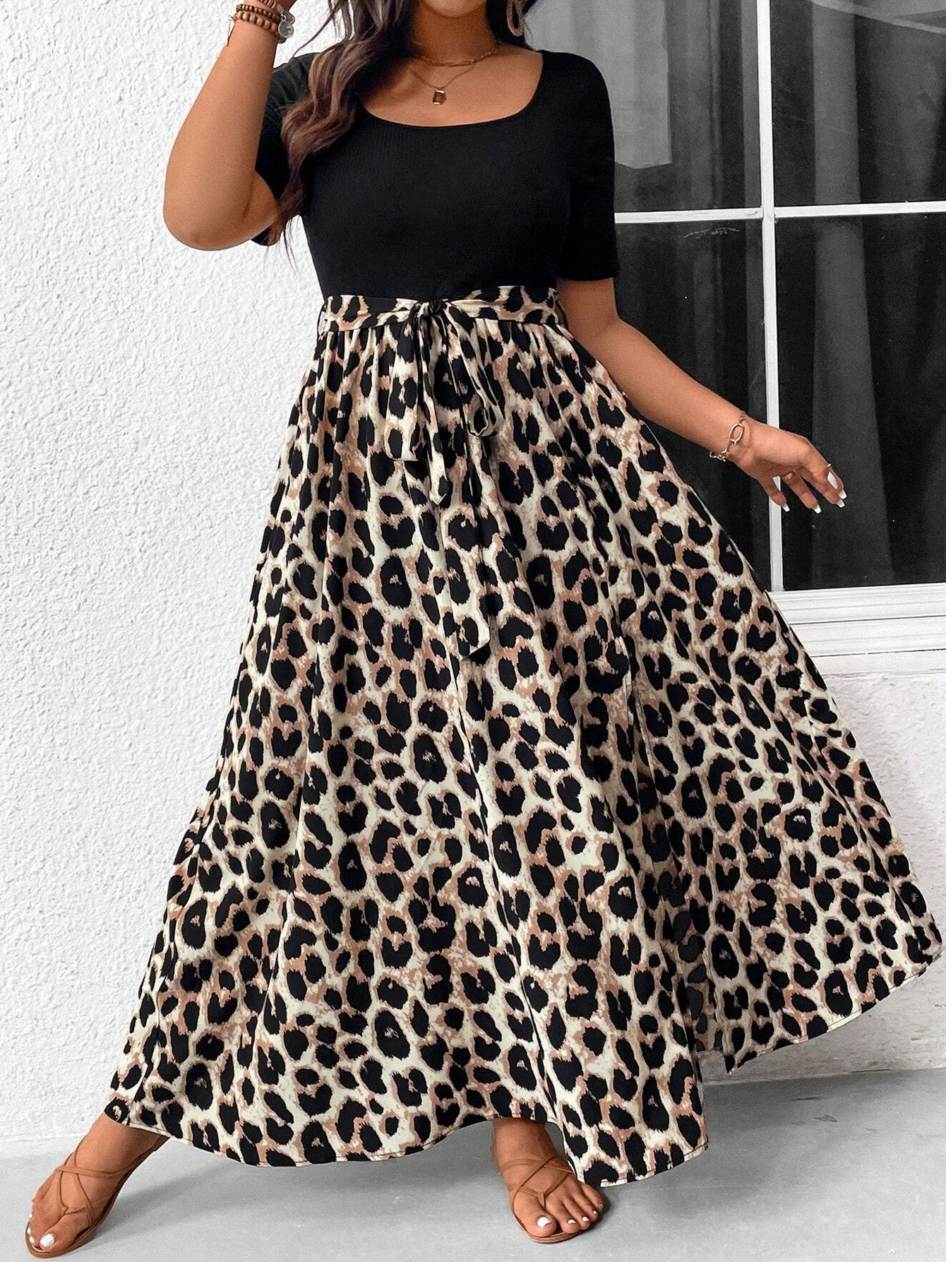 Women's Plus Size Leopard Print High-Waist Dress - Summer Casual Short Sleeve Paneled Maxi Dress With Belt