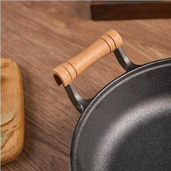 WANGYUANJI 11.8Pancake Griddle With Wooden Handle, Cast Iron Skillet, Uncoated Pan For Home, Thickened Non-Stick Skillet, Multi-Purpose Skillet With Wire Balls