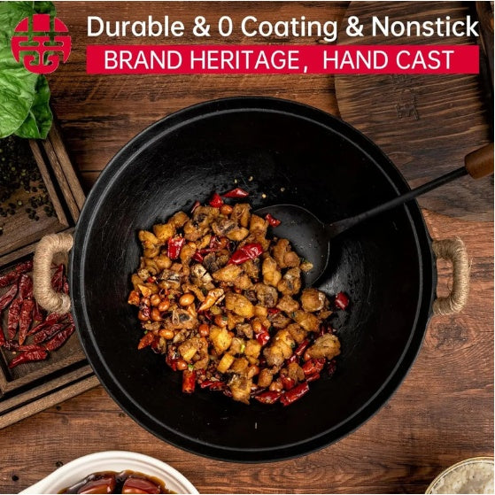 WANGYUANJI 14.2 Handmade Wok, Cast Iron Wok Pan, Large Flat Bottom Wok Stir With Dual Handle And Wooden Lid, Suitable For All Cooktops, Uncoated Chinese Traditional Wok, Ban Sale On Amazon