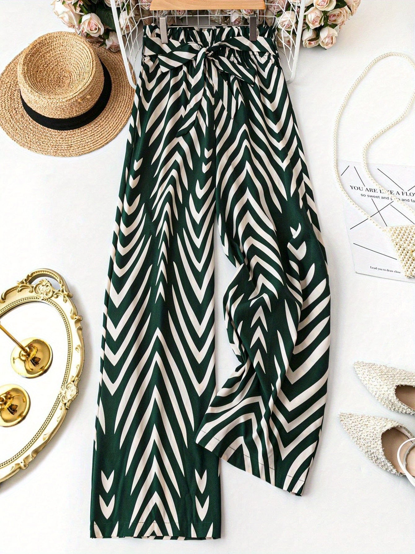 Women's Plus Size Printed Wide-Leg Pants - Summer Office Casual Black Trousers With Belt