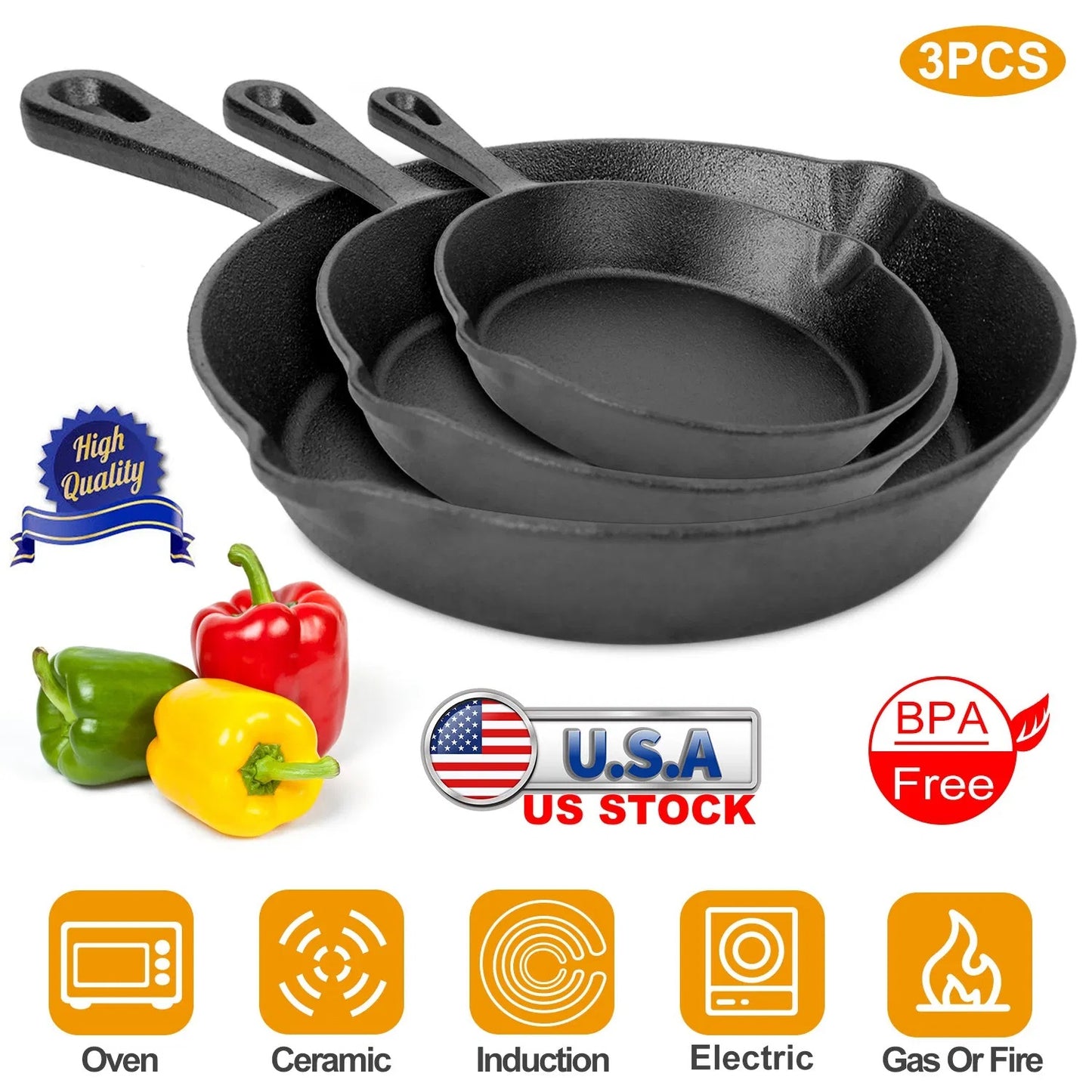 3Pcs Pre-Seasoned Cast Iron Skillet Set 6 8 10in Non-Stick Oven Safe Cookware Heat-Resistant Frying Pan