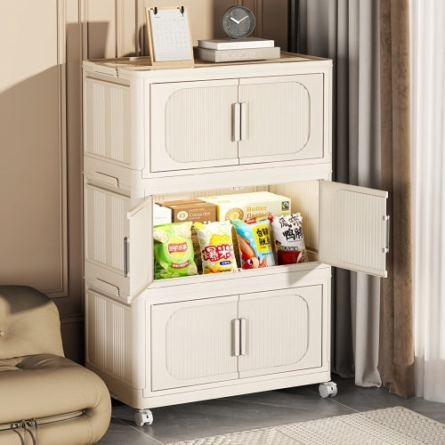 Cream White 19.69 Side Wide Folding Storage Cabinet ,3 Tiers,19.69x11.81x31.1,Collapsible Storage Bins With Magnetic Door, Plastic Storage Cabinet With Wheels