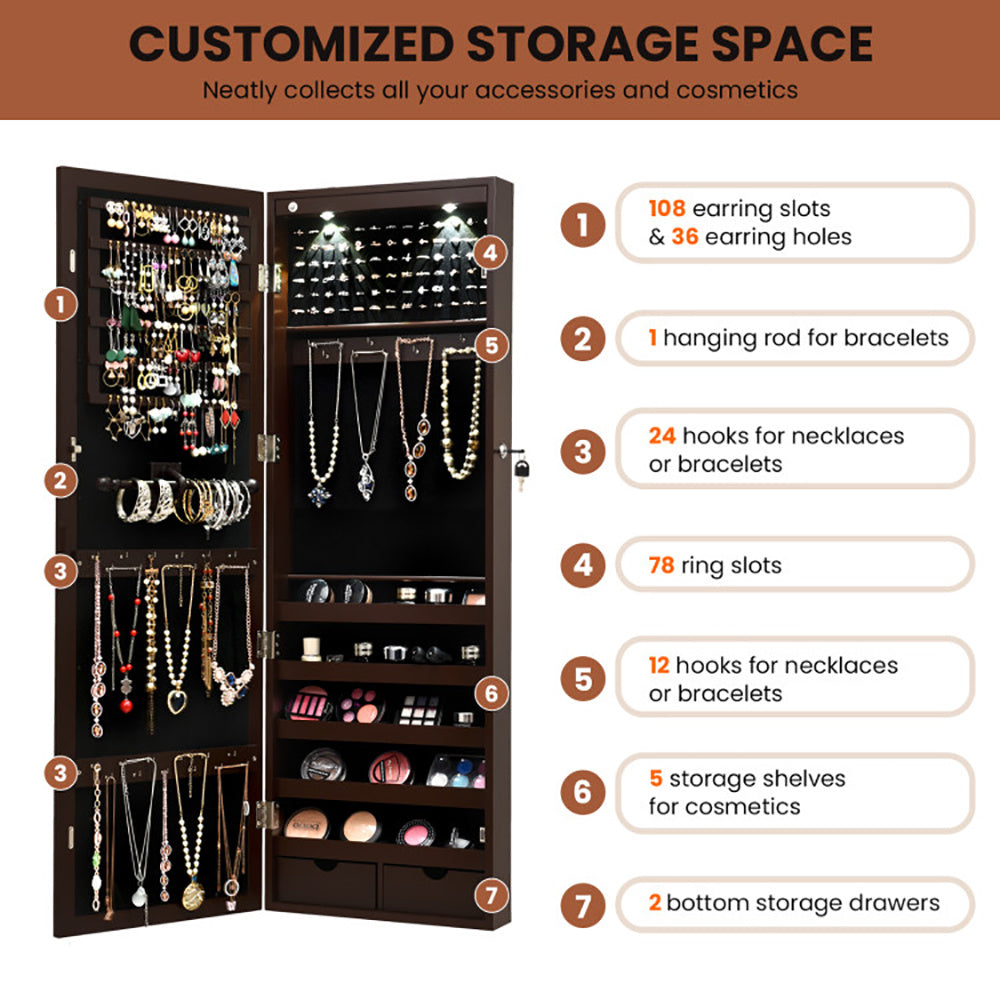 Lockable Wall Mount Mirrored Jewelry Cabinet With LED Lights