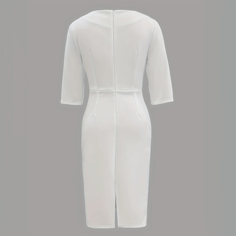 Women's Solid Color Pearl-Embellished Round Neck Dress - Elegant Back Zipper & Slit Sleeve Formal Dress