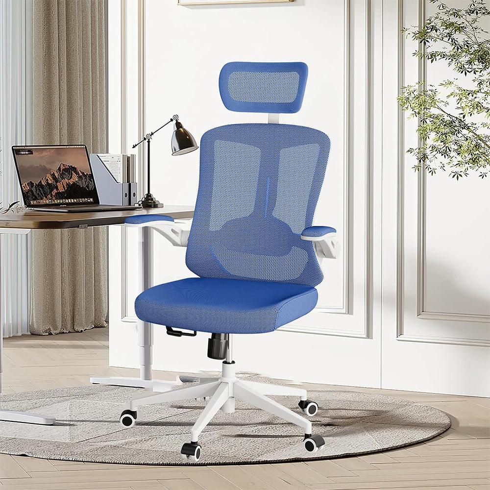 Ergonomic Office Chair, High Back Computer Desk Chair Comfortable Lumbar Support - Home Office Swivel Mesh Chair With Adjustable Headrest And Backrest, Flip Armrests,PU Mute Roller, Blue